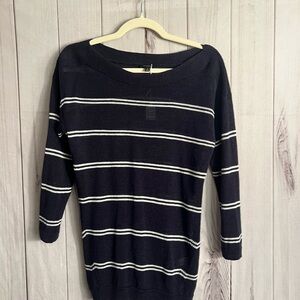 Talbots 100% Linen Navy and White Striped Bateau Neck 3/4 Sleeve  Sweater